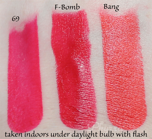 Urban Decay Revolution Lipsticks, 69, F-Bomb, Bang, Swatches, Review
