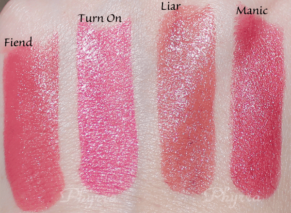 Urban Decay Revolution Lipsticks, Fiend, Turn On, Liar, Manic, Swatches Review
