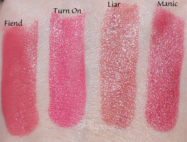 Urban Decay Revolution Lipsticks, Fiend, Turn On, Liar, Manic, Swatches Review