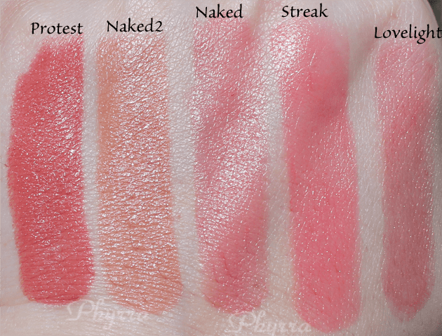 Urban Decay Revolution Lipsticks, Protest, Naked2, Naked, Streak, Lovelight, Swatches, Review