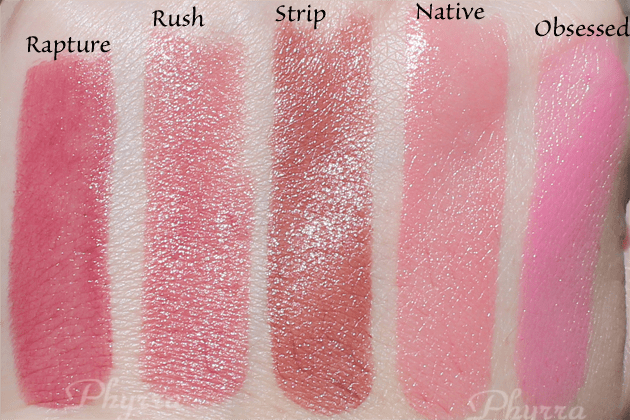 Urban Decay Revolution Lipsticks, Rapture, Rush, Strip, Native, Obsessed, Swatches, Review