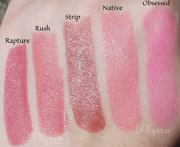 Urban Decay Revolution Lipsticks, Rapture, Rush, Strip, Native, Obsessed, Swatches, Review