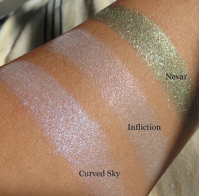 OCC Makeup Loose Colour Concentrates in Inflicted, Curved Sky and NEVAR, swatches