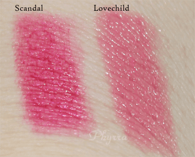 Urban Decay Scandal and Lovechild Super Aturated High Gloss Lip Color Swatches