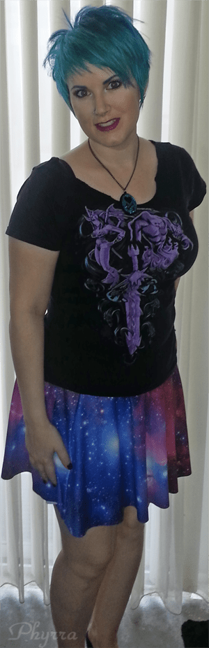 Wearing the Black Milk Galaxy Purple Skater Skirt and Warlock Shirt