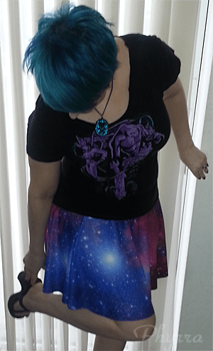 Wearing the Black Milk Galaxy Purple Skater Skirt and Warlock Shirt