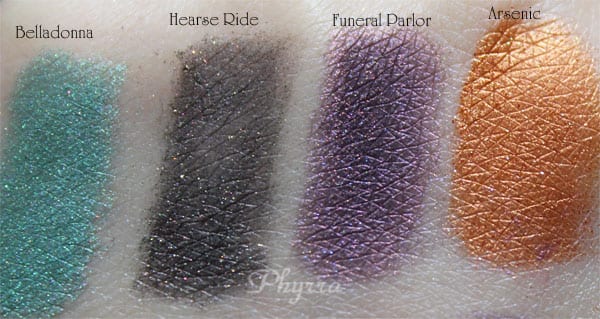 Glamour Doll Eyes Bella Donna, Hearse Ride, Funeral Parlor, Arsenic, Swatches, Review