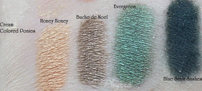 Too Faced, Cream Colored Ponies, Honey Honey, Buche de Noel, Evergreen, Blue Satin Sashes, Swatches, Video, Review