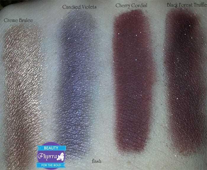Too Faced Chocolate Bar Eye Palette Creme Brulee Candied Violet Cherry Cordial Black Forest Truffle Swatches review