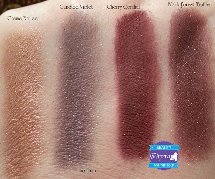 Too Faced Chocolate Bar Eye Palette Creme Brulee Candied Violet Cherry Cordial Black Forest Truffle Swatches review