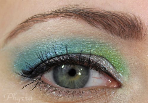 Lime Green, Teal Blue, Silver Eyeshadow tutorial via @phyrra