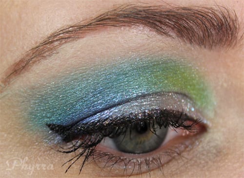 Lime Green, Teal Blue, Silver Eyeshadow tutorial via @phyrra