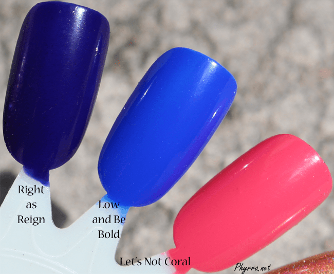 KBShimmer Right As Reign, Low and Be Bold, Let's Not Coral Swatches