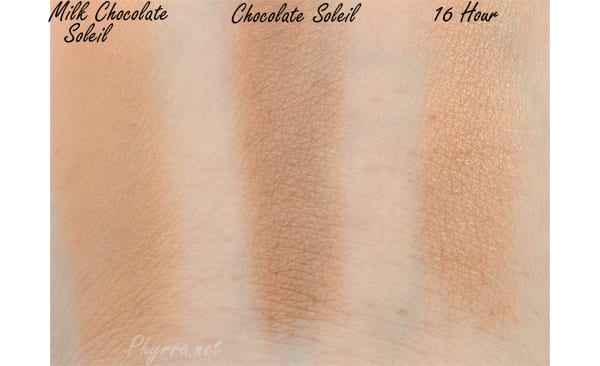 Too Faced Milk Chocolate Soleil, Chocolate Soleil, and 16 Hour Bronzer Swatch Review