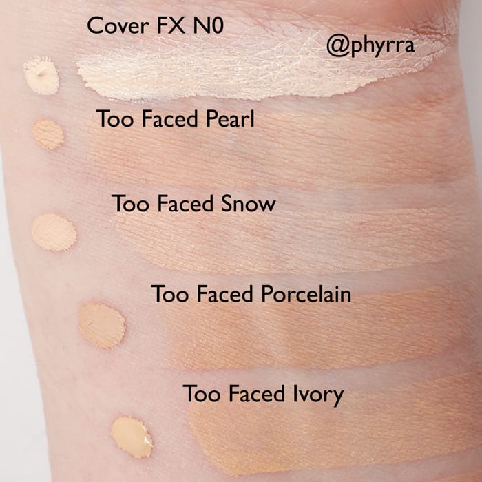 Too Faced Light and Pale Foundation Swatches