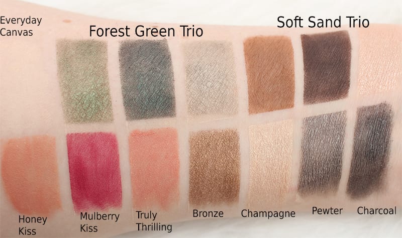 Honest Beauty Everything Makeup Palette, Forest Green, Soft Sand Swatches