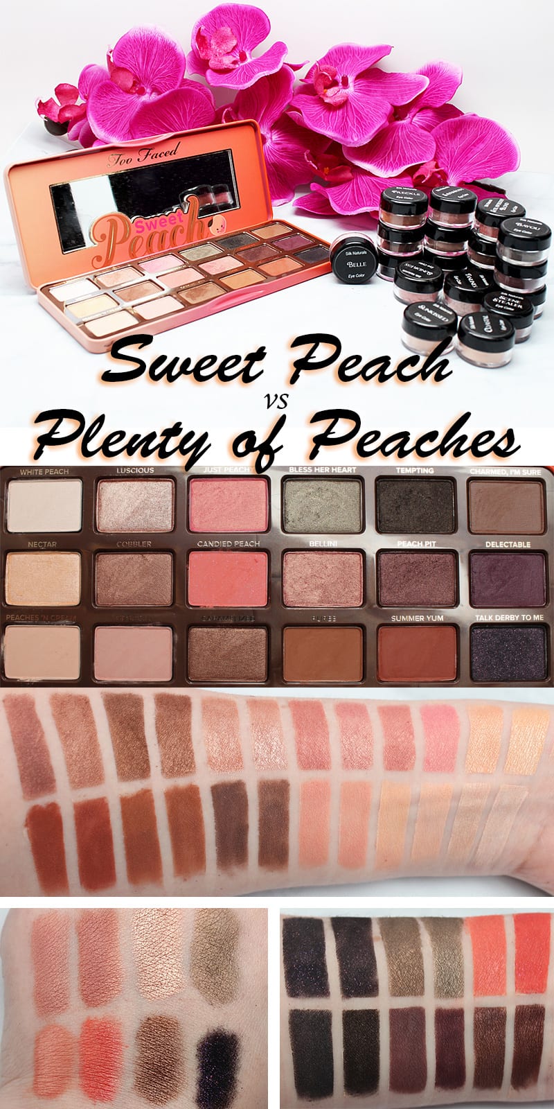 Too Faced Sweet Peach vs. Silk Naturals Plenty of Peaches Palette dupes, swatches, thoughts