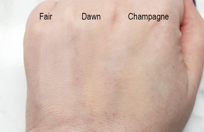 bareMinerals barePRO Powder Foundation Fair, Dawn, Champagne swatches