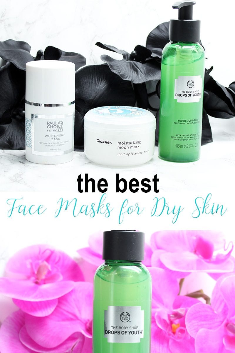 Best Face Masks for Dry Skin. Ever wonder what type of masks to use for dry, sensitive skin? I have 3 of the best options - Glossier Moisturizing Moon Mask, The Body Shop Drops of Youth Liquid Peel and Paula's Choice Radiance Renewal Mask. You can brighten, peel off dry flaky patches and then soak up the moisture for a beautiful complexion.