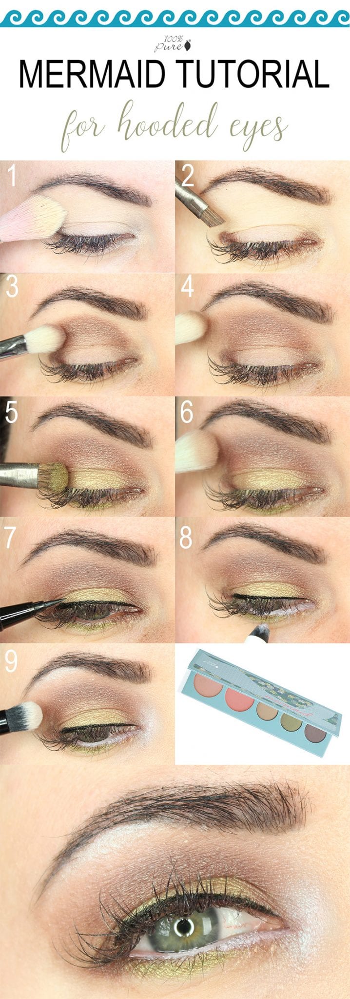 I created an easy makeup tutorial with the 100% Pure Mermaid duochrome palette. This tutorial is great for hooded eyes and can also work for monolids and downturned eyes. It's a flattering neutral look with a twist! The soft golden green and plum brown are flattering on so many different eye colors.