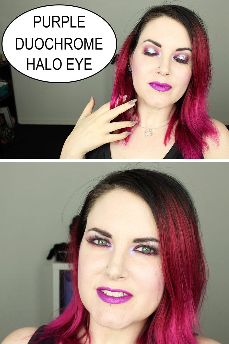 I'm excited to be bringing you a purple duochrome halo eye makeup tutorial for hooded eyes. I went with an entire purple monochromatic makeup look, from my lips to my eyes. I used Colour Pop, Makeup Geek, Ofra, Kat Von D Beauty and Urban Decay to create my look. If you're looking for the most beautiful duochrome lid color, you'll be hard pressed to find a better color than Makeup Geek Kaleidoscope. 