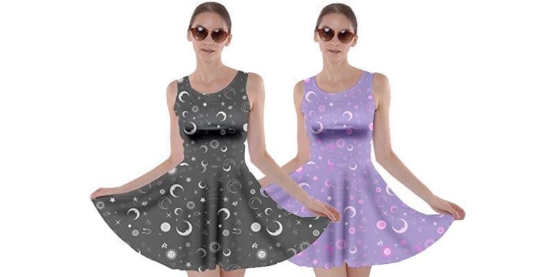 CowCow Mrs Frizzle Fun Night Sky Moon Stars Space Constellations Skater Dress