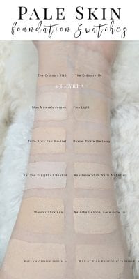 Pale Foundation Swatches. The Ordinary Serum Foundation in 1NS & 1N, Idun Minerals Jorunn, Kat Von D Light 41, Anastasia Warm Alabaster, Buxom Show Some Skin in Tickle the Ivory, Fom Facial Enhancer, Tarte Stick in Fair Neutral, Natasha Denona Face Glow 10, Wet n' Wild Porcelain, Paula's Choice Serum 0, and Wander Beauty Stick Fair.