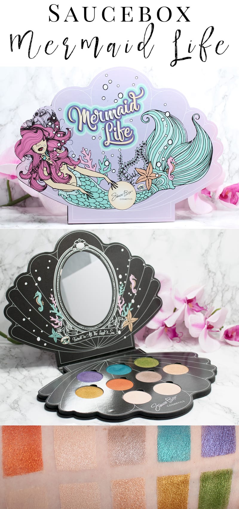 Saucebox Mermaid Life Palette. The best eyeshadow palette with 9 stunning eyeshadows! It has duochromes and foil finish colors. It's 100% vegan, proudly made in the USA and eco-friendly.