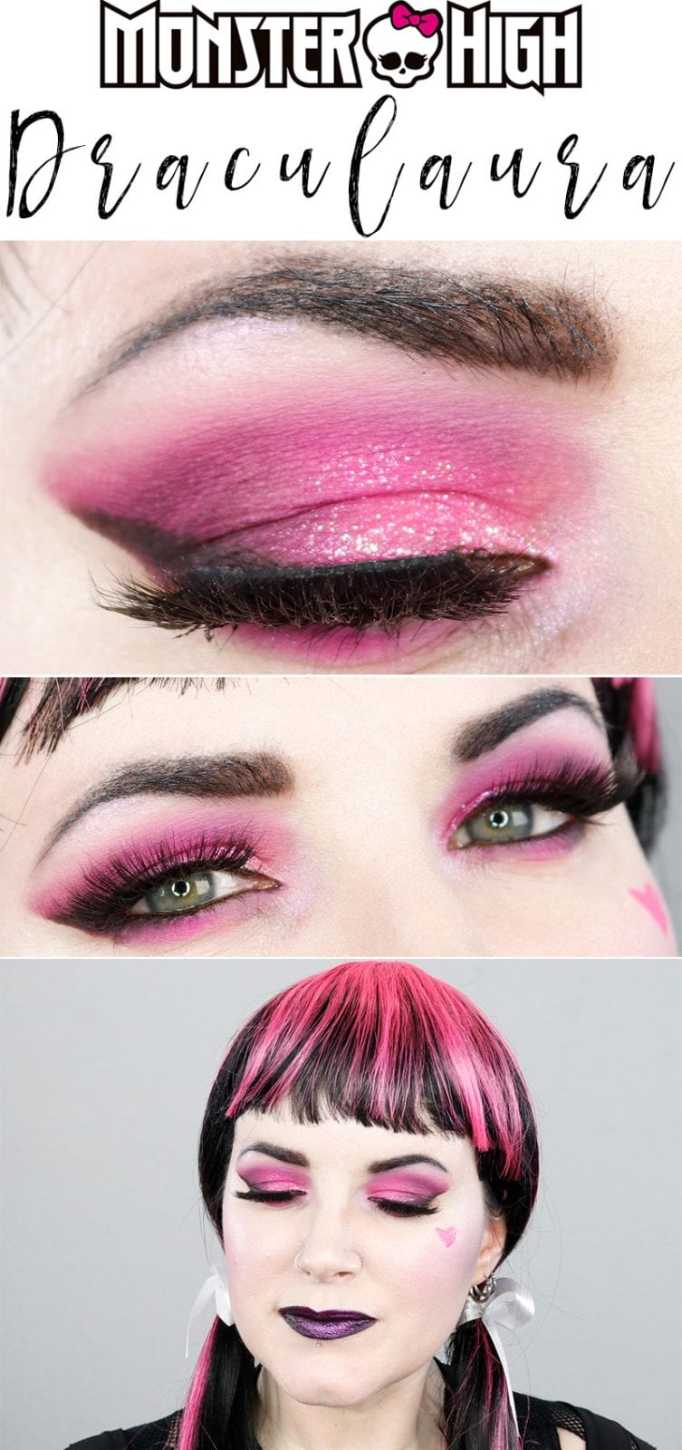 Monster High Draculaura Makeup Tutorial - Hot Pink and Black makeup tutorial with Kat Von D, Sugarpill, Urban Decay and Makeup Geek. #MonsterHigh #Draculaura #halloween
