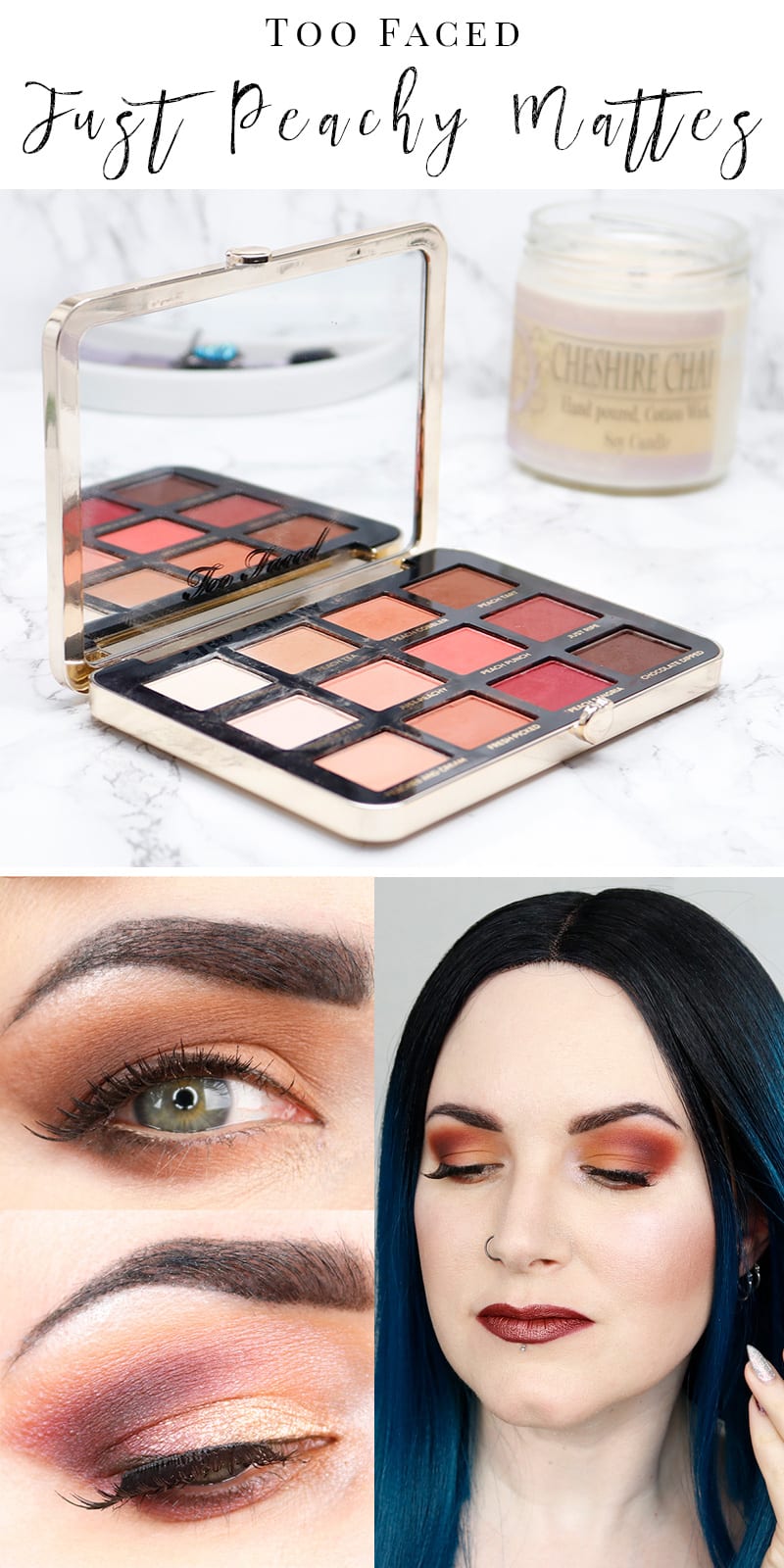 Too Faced Just Peachy Mattes Palette - I've got my review, swatches, tutorials and looks with this warm toned palette. It's gorgeous on blue green eyes and easy to work with. Cruelty free and vegan!