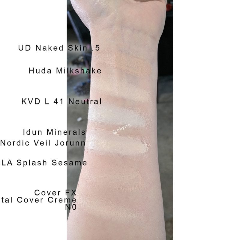 Idun Minerals Nordic Veil Foundation in Jorunn swatched against other pale foundations