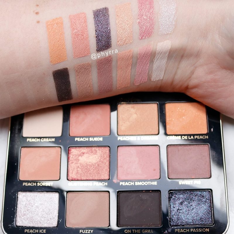 I'm sharing the cruelty-free Too Faced White Peach Palette with you. I did a demo with all of the eyeshadow colors so I could see how they blended and test their pigmentation. I've also got traditional swatches to go along with this review.