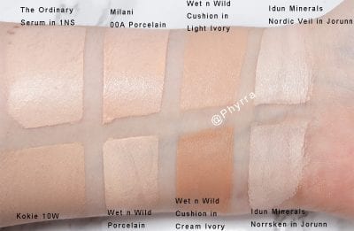 Wet n' Wild Cushion Foundation Swatches and Comparison on Pale Skin