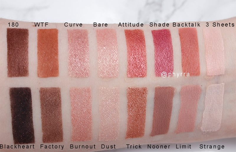 Urban Decay Backtalk Palette Comparison Swatches on pale skin