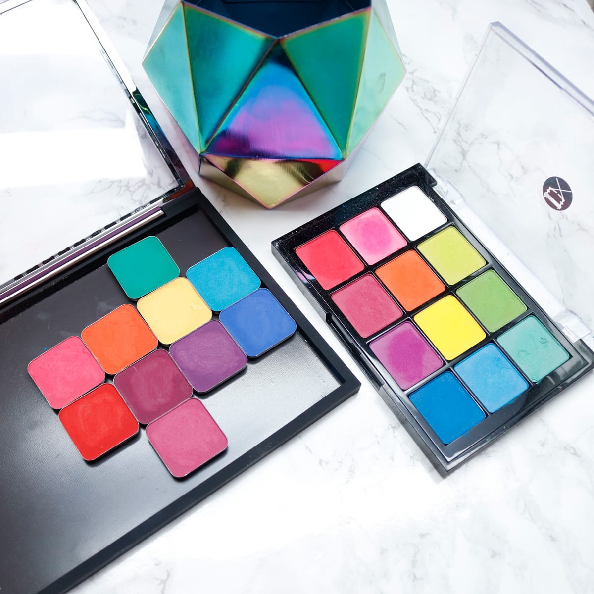 Makeup Geek Power Pigments vs Viseart Editorial Brights Palette