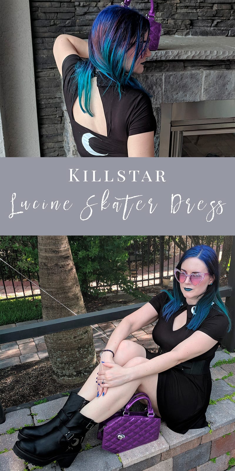 I LOVE this Killstar Lucine Skater Dress! The collar reads Moon Child. It has a key hole detail on front and a cut out detail on back with a moon. Perfect fit & flare dress! #killstar #gothicfashion #witchystyle #LTKcurves #streetgoth #plussizefashion