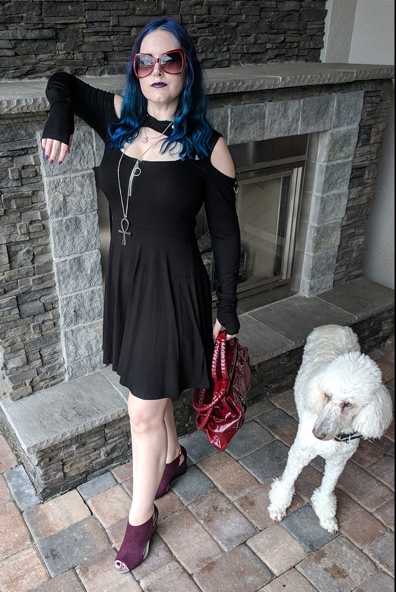 Courtney is wearing her Fall Goth Hooded Dress with her companion Phaedra