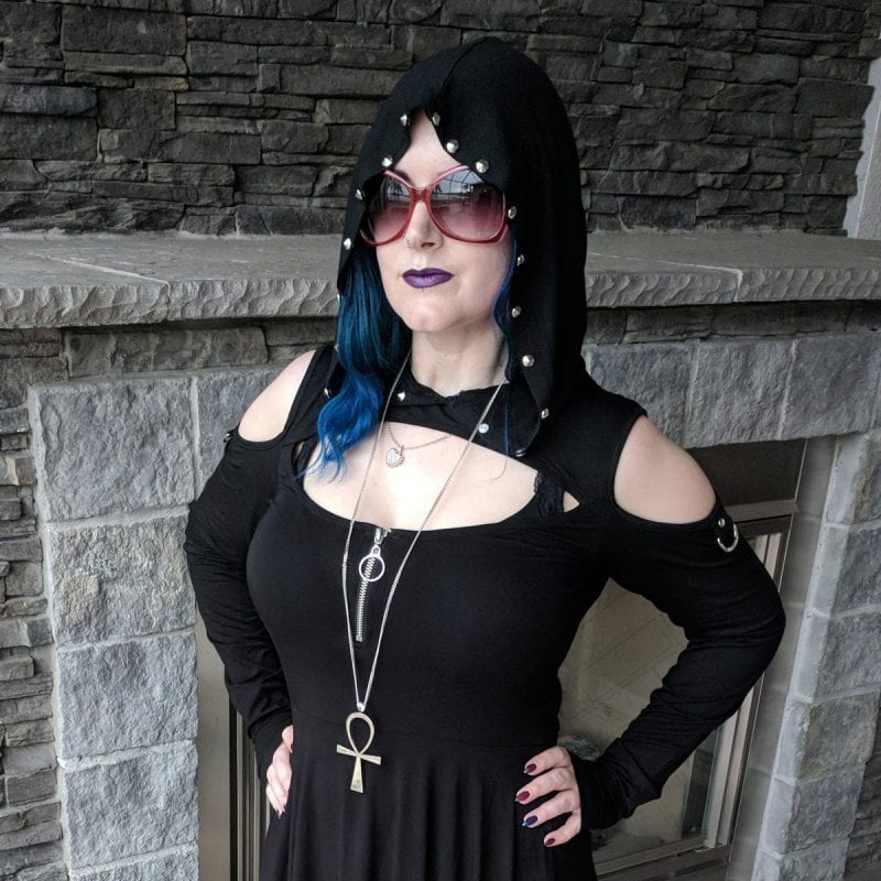 Fall Goth Hooded Dress with ankh necklace