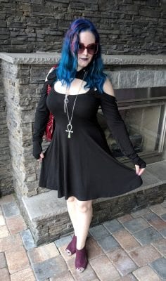Fall Goth Hooded Dress with burgundy boots