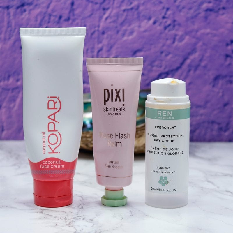 Kopari Coconut Face Cream, Pixi Rose Flash Balm, Ren Evercalm Day Cream are all three excellent for dry, sensitive skin