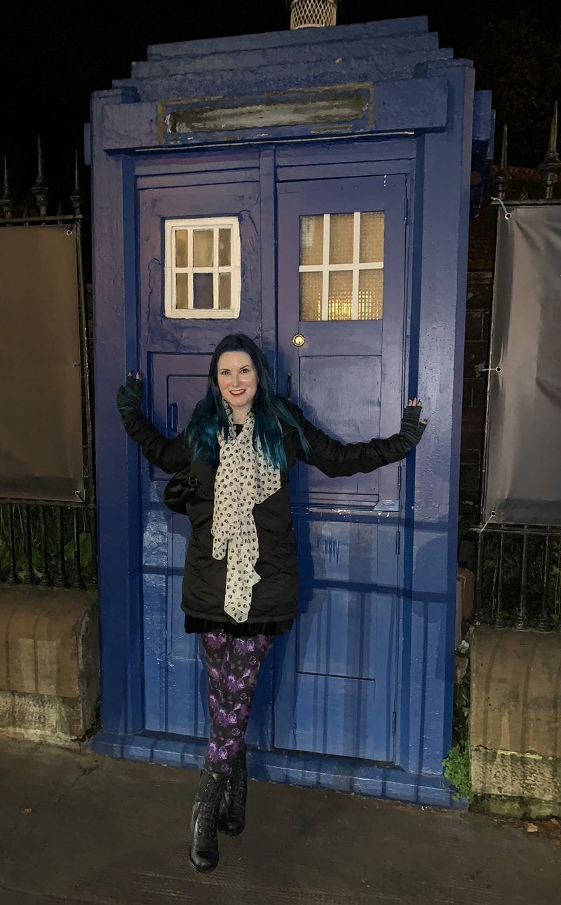 Courtney at the Tardis door