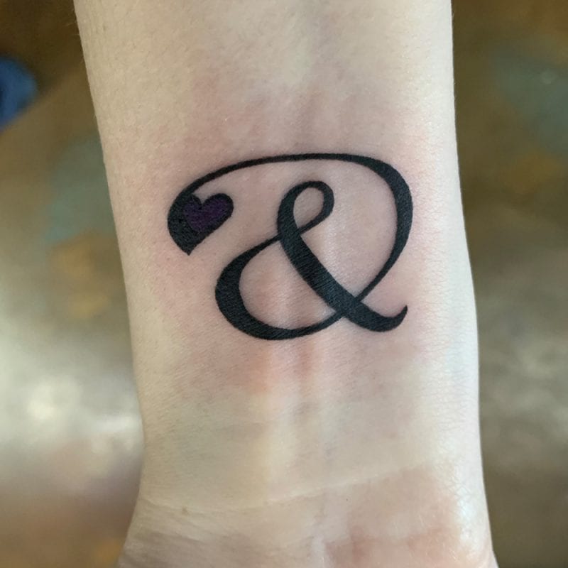 Ampersand Tattoo with purple heart accent