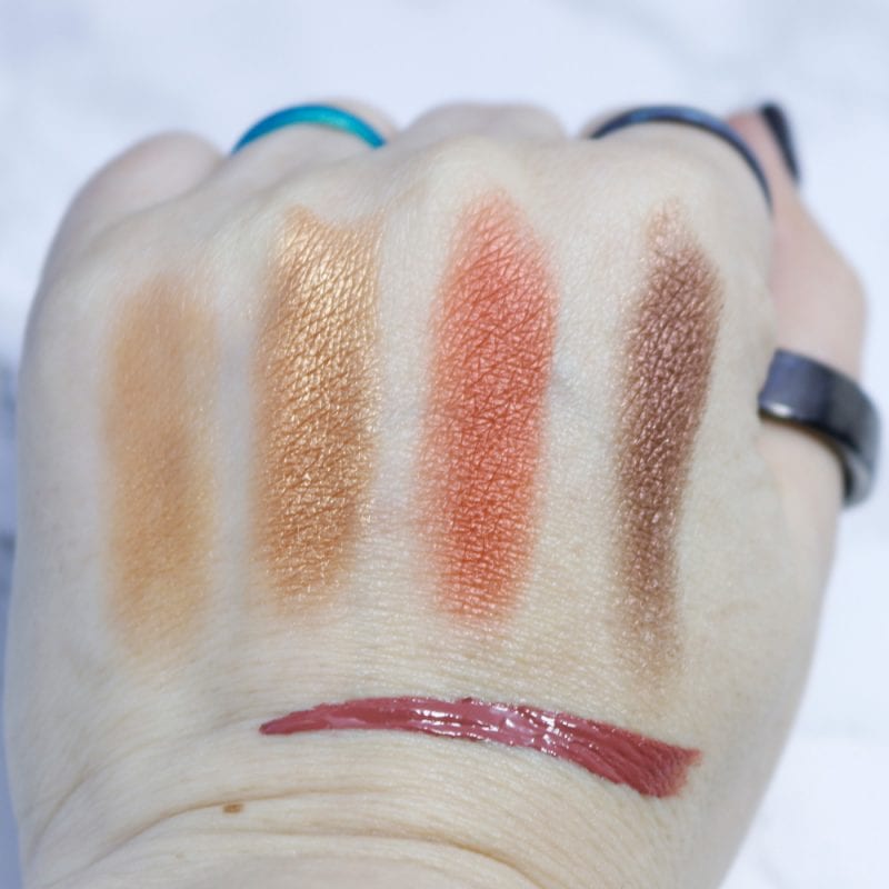 Beauty Bakerie Coffee & Cocoa Palette swatches plus Syruptitous Lip Whip swatch