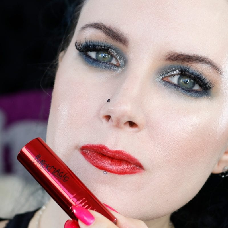 Uoma Beauty Black Magic Metallic Shine Lipstick in On Fire swatches on very fair skin