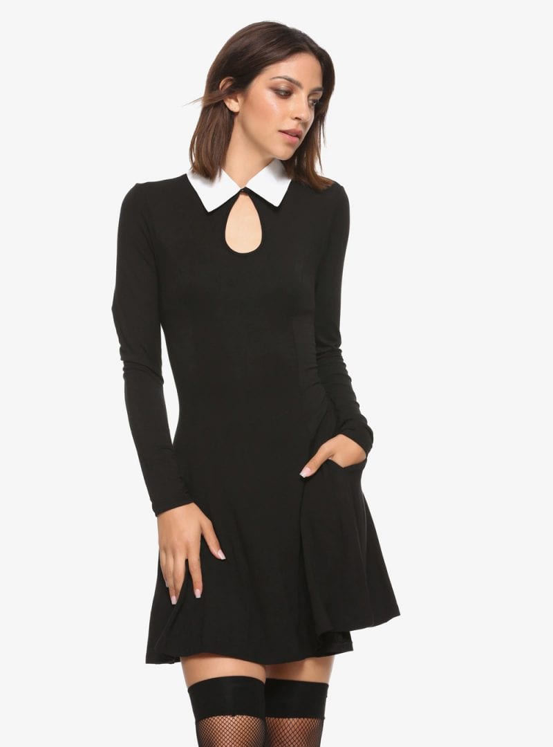 Black Keyhole Long Sleeve Dress with Pockets