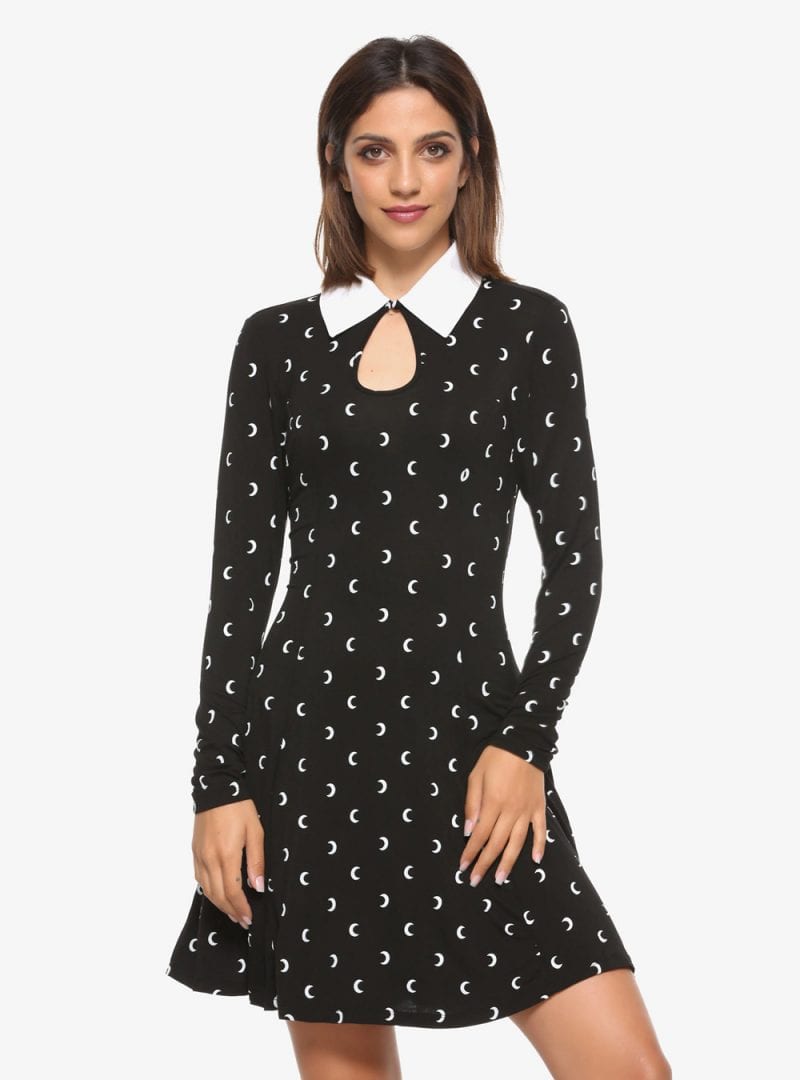 Black Moon Print Keyhole Dress with Pockets