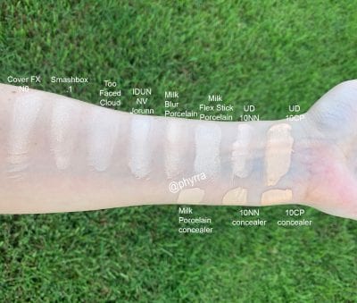 Urban Decay Stay Naked Foundation Swatches in 10NN & 10CP Comparison