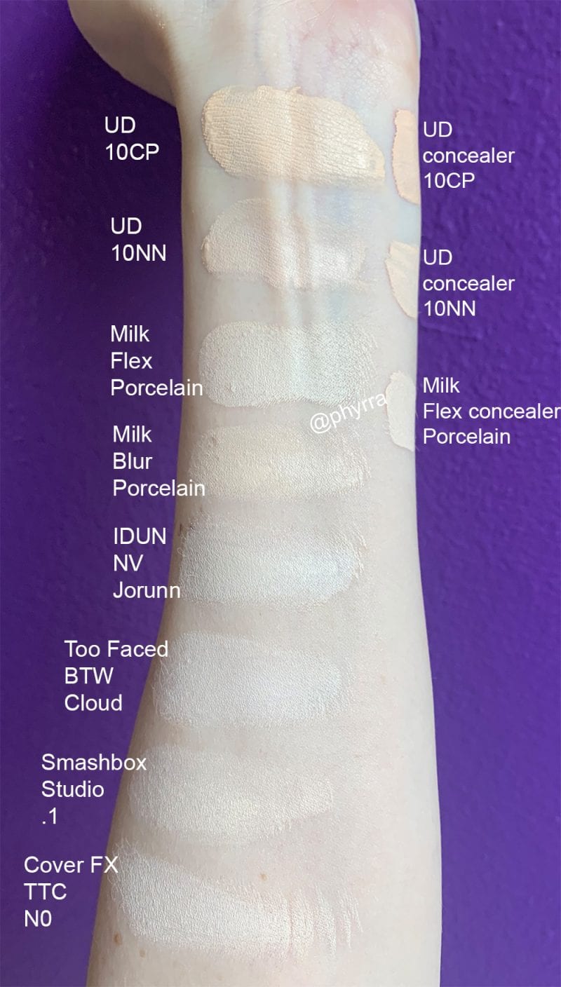 Urban Decay Stay Naked Foundation Swatches in 10NN & 10CP Comparison
