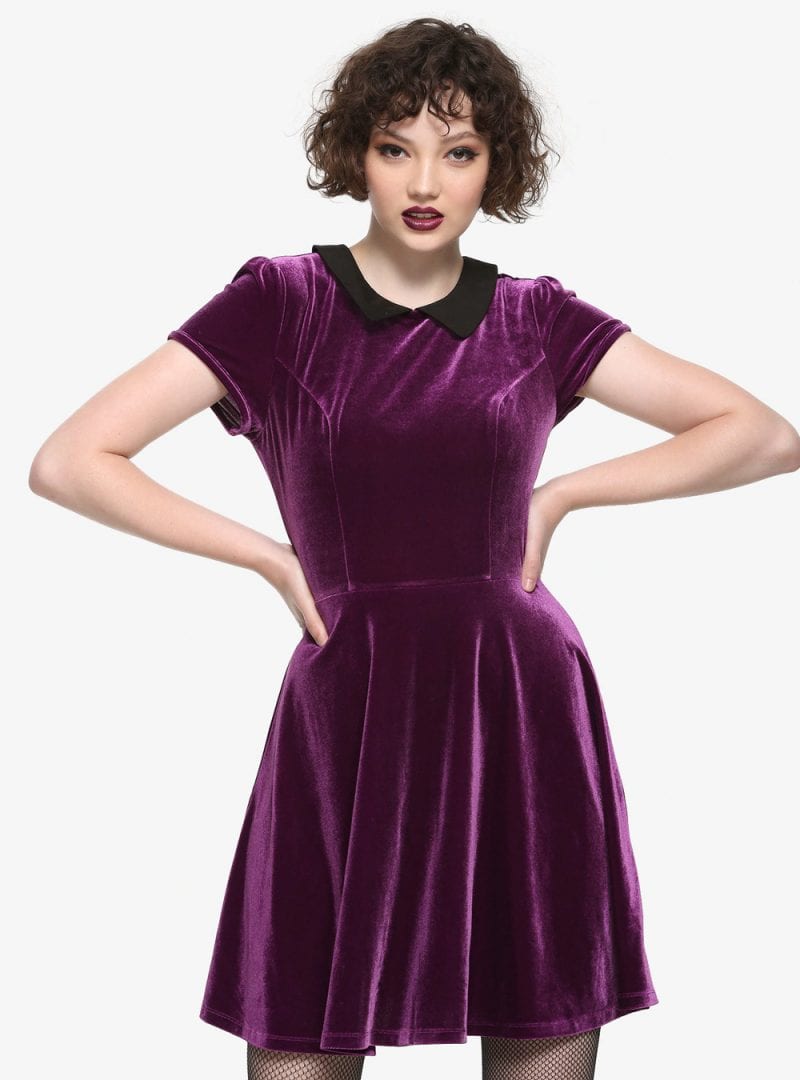 Purple Velvet Black Collar Dress