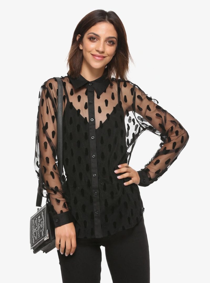 Black Coffin Flocked Sheer Long-Sleeve Button-Up Top